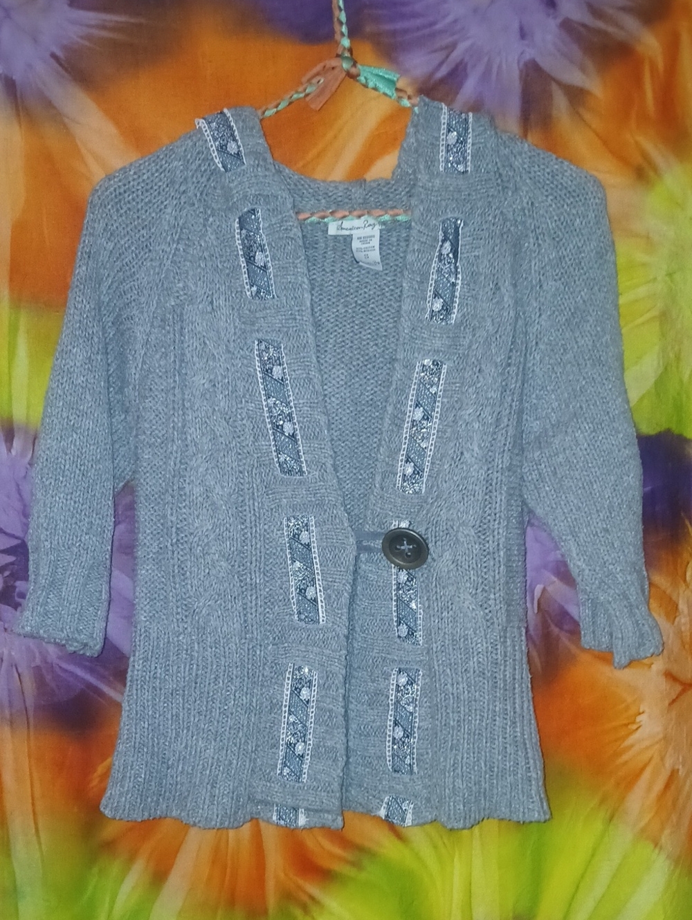 Y2K American Rag Gray Knit 3/4 Sleeve Hoodie Cardigan Sweater W/ Ribbon Detail